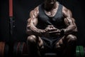 Very muscular bodybuilder man with veins on the body sitting in dim light. Gym training. Fit and lean body Royalty Free Stock Photo