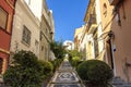 Very narrow old street in Spanish town. Royalty Free Stock Photo
