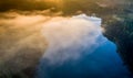 Very nice aerial landscape of lake and mist during sunrise