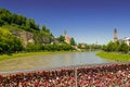Nice view from famous bridge Makartsteg to river Salzach in Salzburg, Austria Royalty Free Stock Photo