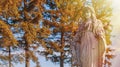 Very old and ancient stone statue of Virgin Mary in sunshine against blue sky and trees. Horizontal image Royalty Free Stock Photo