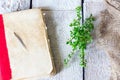 Very old antique book on the table with herb thyme on wooden background. Royalty Free Stock Photo