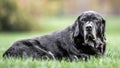 Very old Black Labrador lying on the grass looking at camera