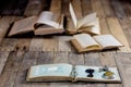 Very old book and key on an old wooden table. Old room, wooden t Royalty Free Stock Photo