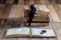 Very old book and key on an old wooden table. Old room, wooden t Royalty Free Stock Photo