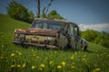 Very old broken car on spring color meadow near Banska Stiavnica town Royalty Free Stock Photo