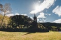 Very old church near crater lake Furnas on Sao Miguel Island named Chapel of Nossa Senhora das Vitorias. Perish of Royalty Free Stock Photo