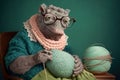 a very old crocodile wearing glasses knitting like a grandmother, created with Generative AI technology