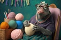 a very old crocodile wearing glasses knitting like a grandmother, created with Generative AI technology
