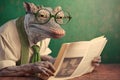 very old crocodile wearing glasses and reading newspaper , created with Generative AI technology