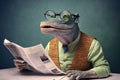 a very old crocodile wearing glasses and reading newspaper, created with Generative AI technology