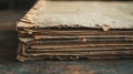 A very old and damaged book rests on a dark surface Royalty Free Stock Photo