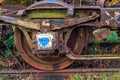 Very old damaged, worn and rusty railway disc wheels in close-up Royalty Free Stock Photo