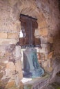 Old European church seen from the inside of the tower bell, in OmoÃ±o, Cantabria, Spain