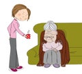 Very old grey-haired senior woman, granny, sitting on the sofa, sleeping. Young cheerful woman nurse carer bringing her cup of tee