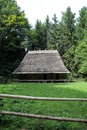 Very old house with straw roof. Wooden hut on the green lawn near the forest. Traditional ukrainian home of past centuries. Rustic Royalty Free Stock Photo