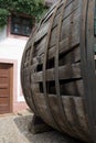 Very old large wine barrel, oval shaped,side view