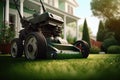 Old lawnmower on beautiful manicured garden lawns Royalty Free Stock Photo