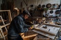 Very old master carpenter in glasses and grey clothes working hard in his home workshop, sawing board Royalty Free Stock Photo