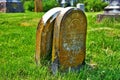 Very old moss covered broken statue / headstone in a cemetery