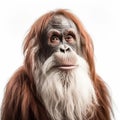 Very old orangutan monkey with a long gray beard, close-up portrait