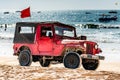 Very old roasty off road car 4x4, beach lifeguards on beach, off road car 4x4, CALANGUTE, GOA, INDIA JANUARY 2, 2019 Royalty Free Stock Photo