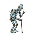 Very old robot man with a stick