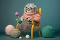 a very old robot wearing glasses knitting lika a grandmother, created with Generative AI technology Royalty Free Stock Photo