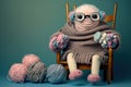 a very old robot wearing glasses knitting lika a grandmother, created with Generative AI technology Royalty Free Stock Photo