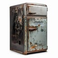 Very old rusty retro refrigerator close-up, isolated on white