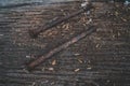 The very old rusty screws on the wood floor Royalty Free Stock Photo