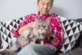 Very old senior Caucasian grandmother with gray hair and deep wrinkles is sitting at home on the couch in jeans and a Royalty Free Stock Photo