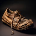 Very old shabby leather retro boot close-up on a black background Royalty Free Stock Photo