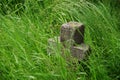 Very old stone cross in the graveyard of The Church of the Holy Archangels in Rogoz village, Maramures County, Romania, Europe.