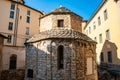 Very old Tempietto of Santa Croce hidden octagonal Romanesque chapel from 11st century in Citta Alta, Bergamo, Italy