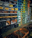 Very old Tool cabinet in the workshop with containers Royalty Free Stock Photo