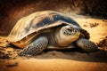 very old turtle basking in the sun on sandy beach