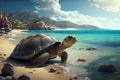 very old turtle basking in the sun, with view of beautiful beach