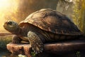 very old turtle basking in warm sun, surrounded by peaceful serenity