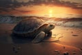 very old turtle clambering out of beach, with the sun setting behind it