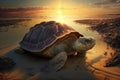 very old turtle clambering out of beach, with the sun setting behind it