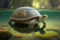 very old turtle floating on top of crystal clear pond, with reflection visible