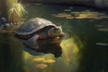 very old turtle in a serene pond, basking in the sun