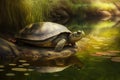 very old turtle in a serene pond, basking in the sun