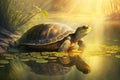 very old turtle in a serene pond, basking in the sun