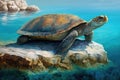 very old turtle sunning on rock surrounded by clear blue waters