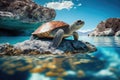 very old turtle sunning on rock surrounded by clear blue waters