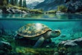 very old turtle swimming in crystal-clear river, with blue water and green banks