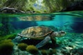 very old turtle swimming in crystal-clear river, with blue water and green banks