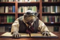 A very old turtle wearing glasses in a library created with generative AI technology